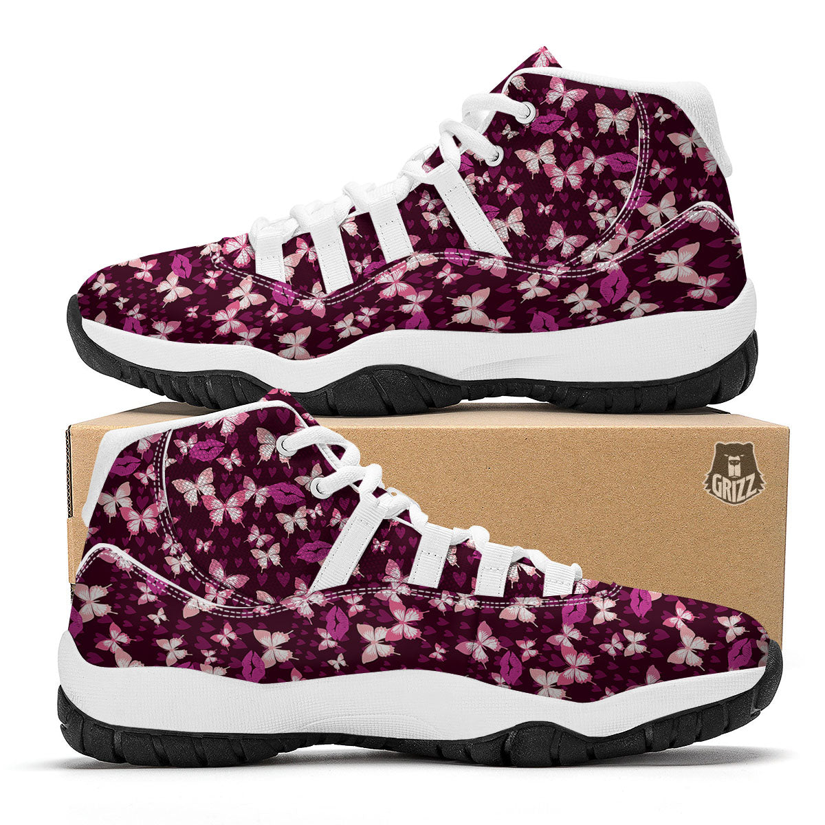 Butterfly And Girly Heart Print Pattern White Bball Shoes-grizzshop