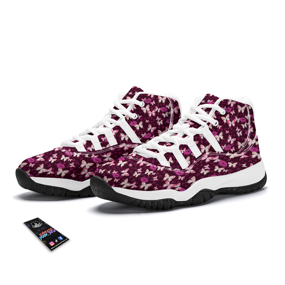 Butterfly And Girly Heart Print Pattern White Bball Shoes-grizzshop