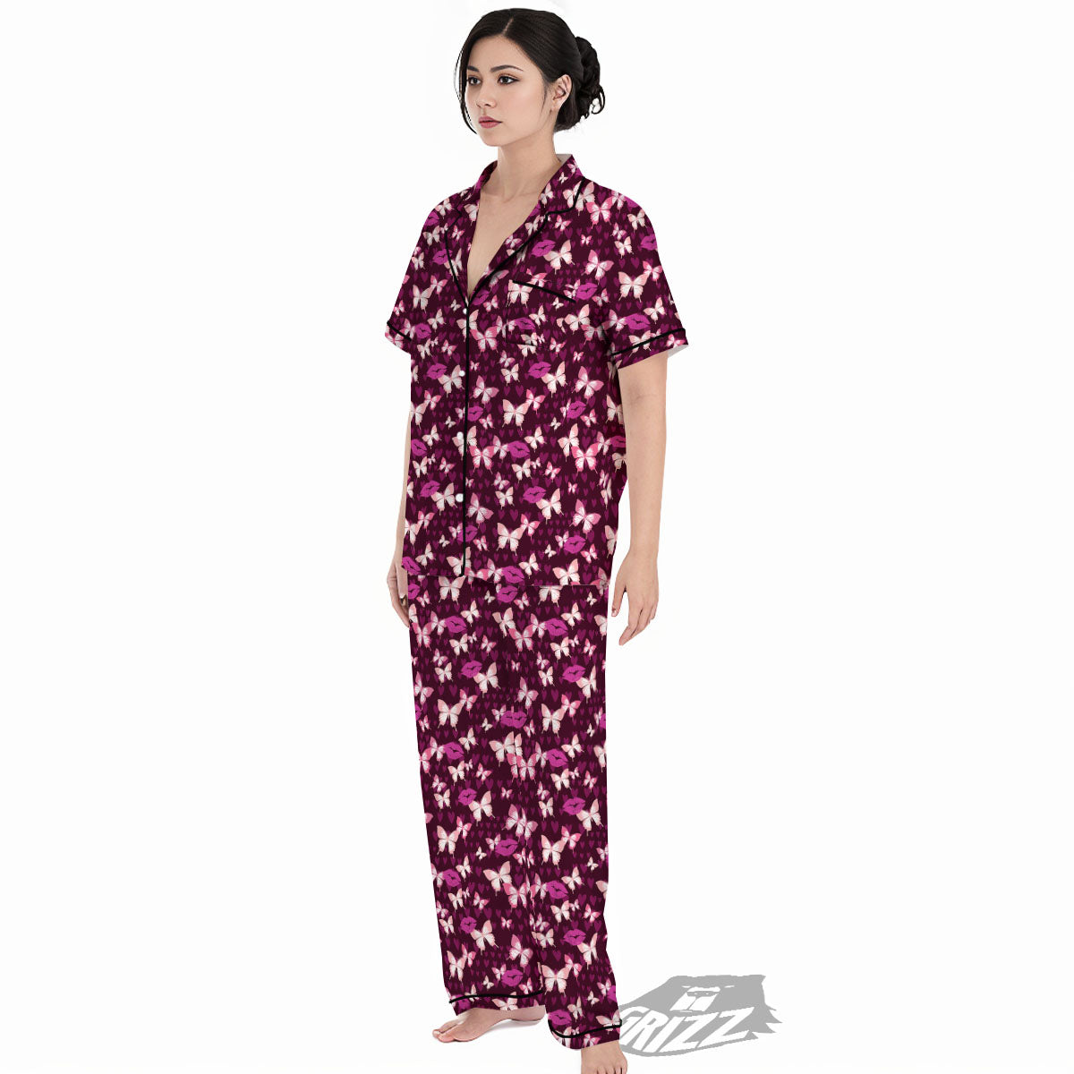 Butterfly And Girly Heart Print Pattern Women's Pajamas Set-grizzshop