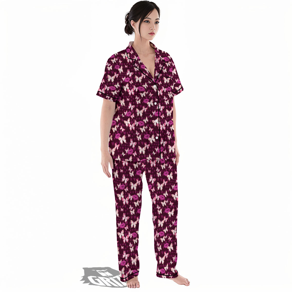 Butterfly And Girly Heart Print Pattern Women's Pajamas Set-grizzshop