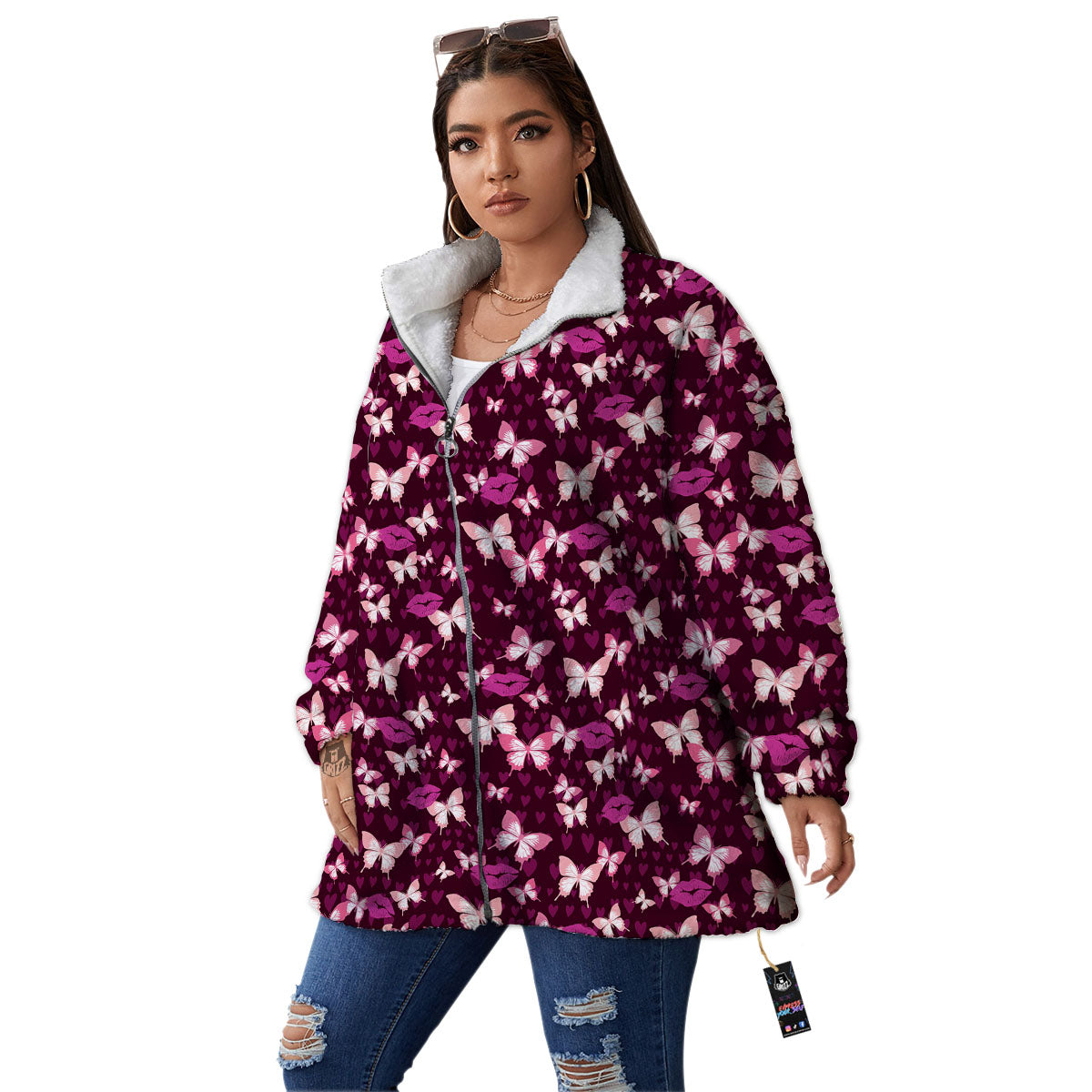 Butterfly And Girly Heart Print Pattern Women's Sherpa Jacket-grizzshop