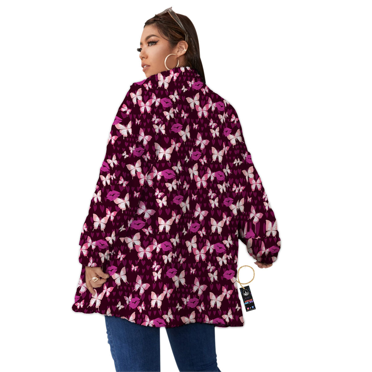 Butterfly And Girly Heart Print Pattern Women's Sherpa Jacket-grizzshop