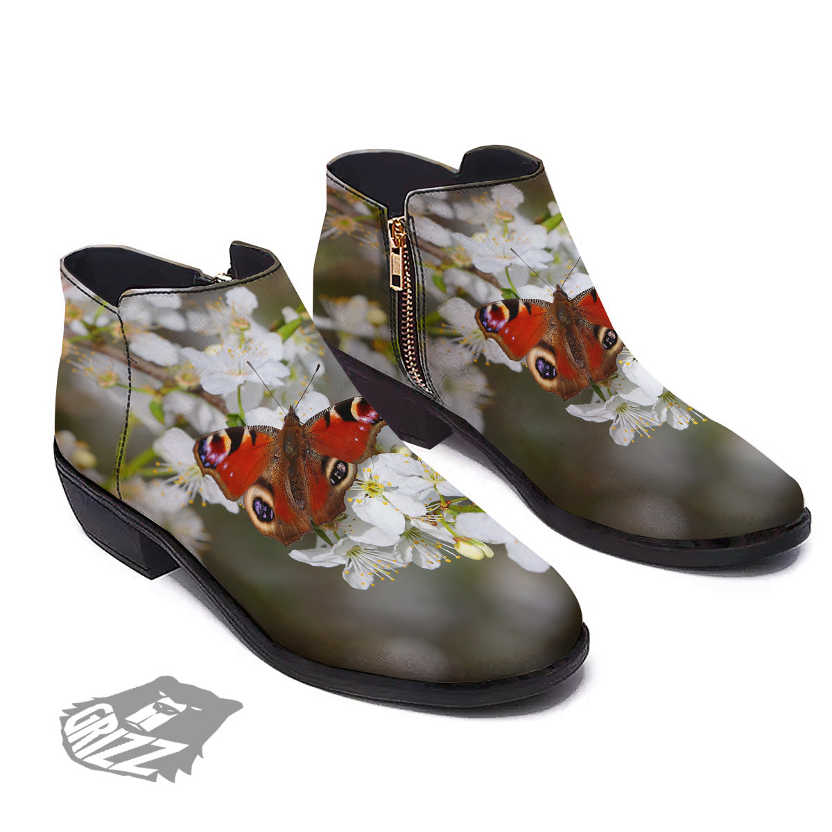 Butterfly Blossom Flower Print Ankle Boots-grizzshop