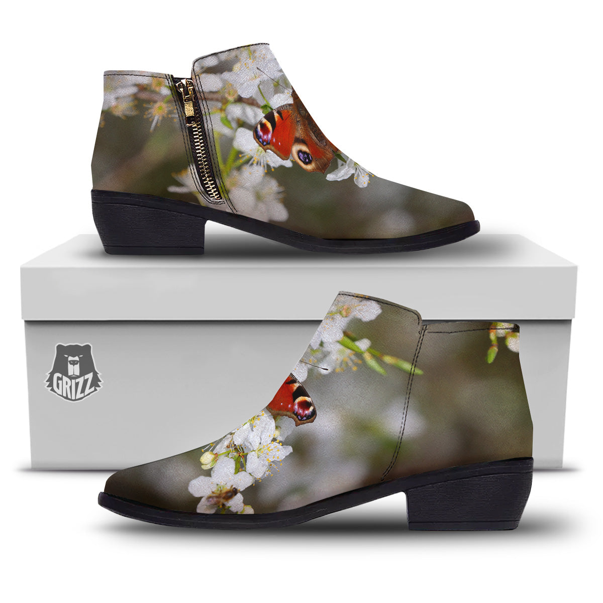 Butterfly Blossom Flower Print Ankle Boots-grizzshop