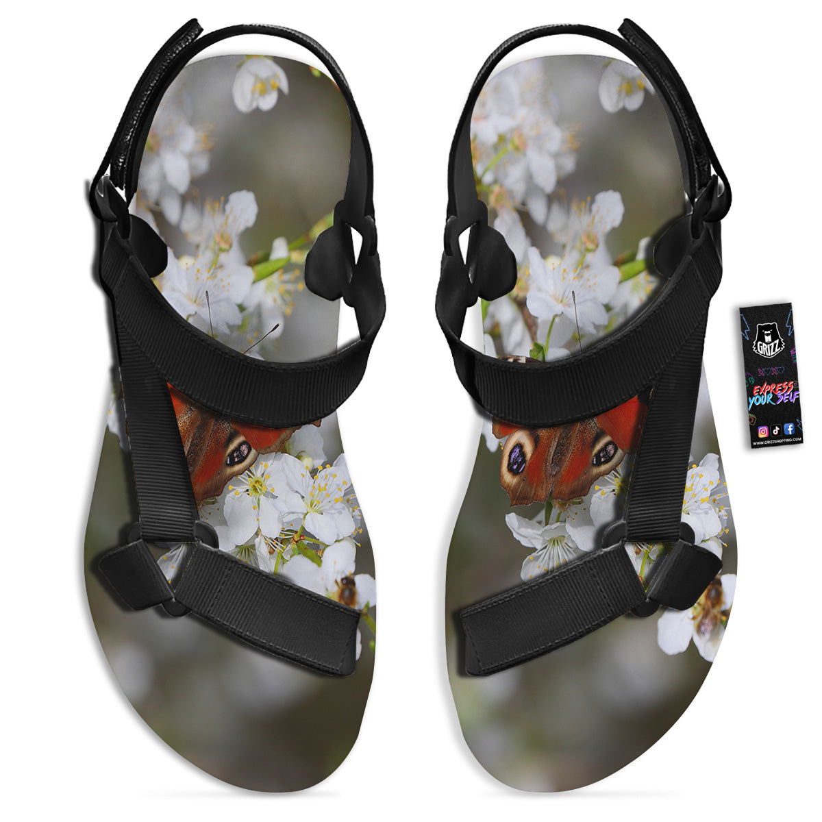 Butterfly Blossom Flower Print Black Open Toe Sandals-grizzshop