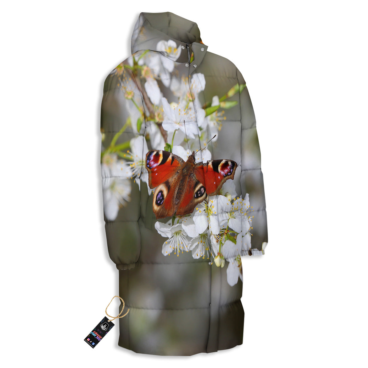 Butterfly Blossom Flower Print Long Down Jacket-grizzshop