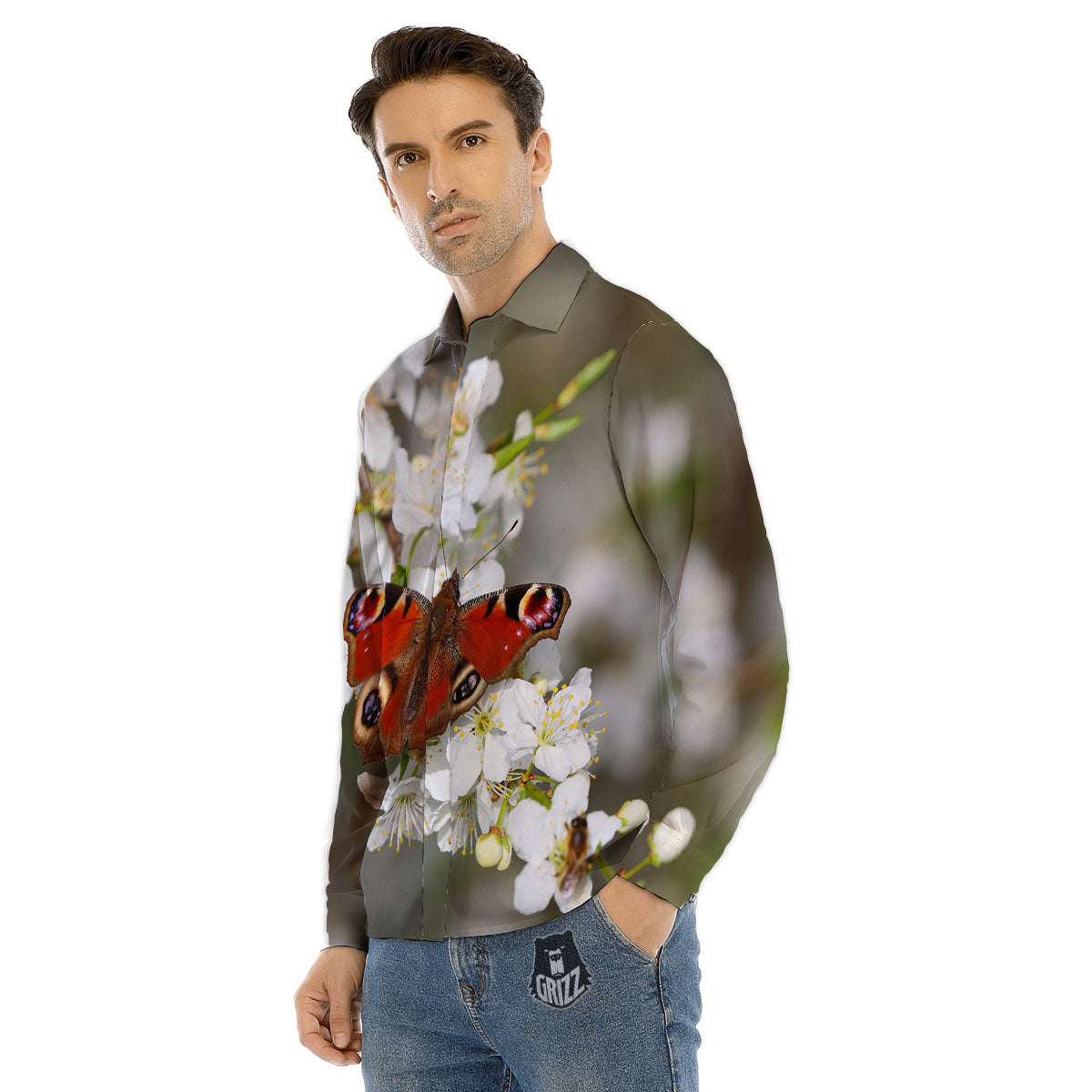 Butterfly Blossom Flower Print Men's Dress Shirts-grizzshop