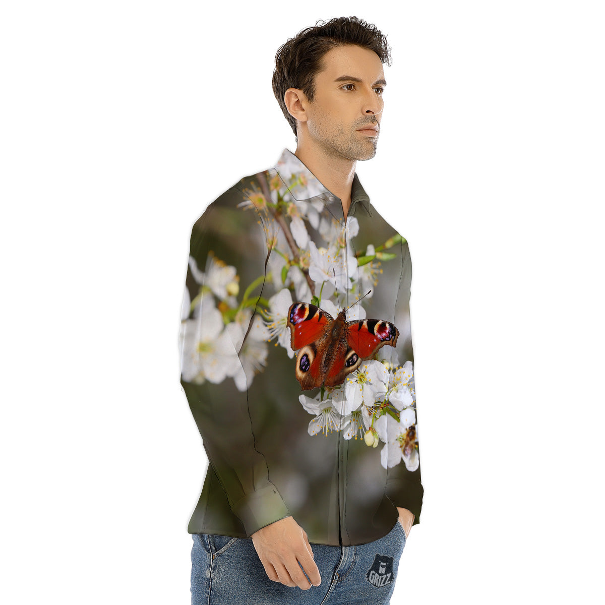 Butterfly Blossom Flower Print Men's Dress Shirts-grizzshop