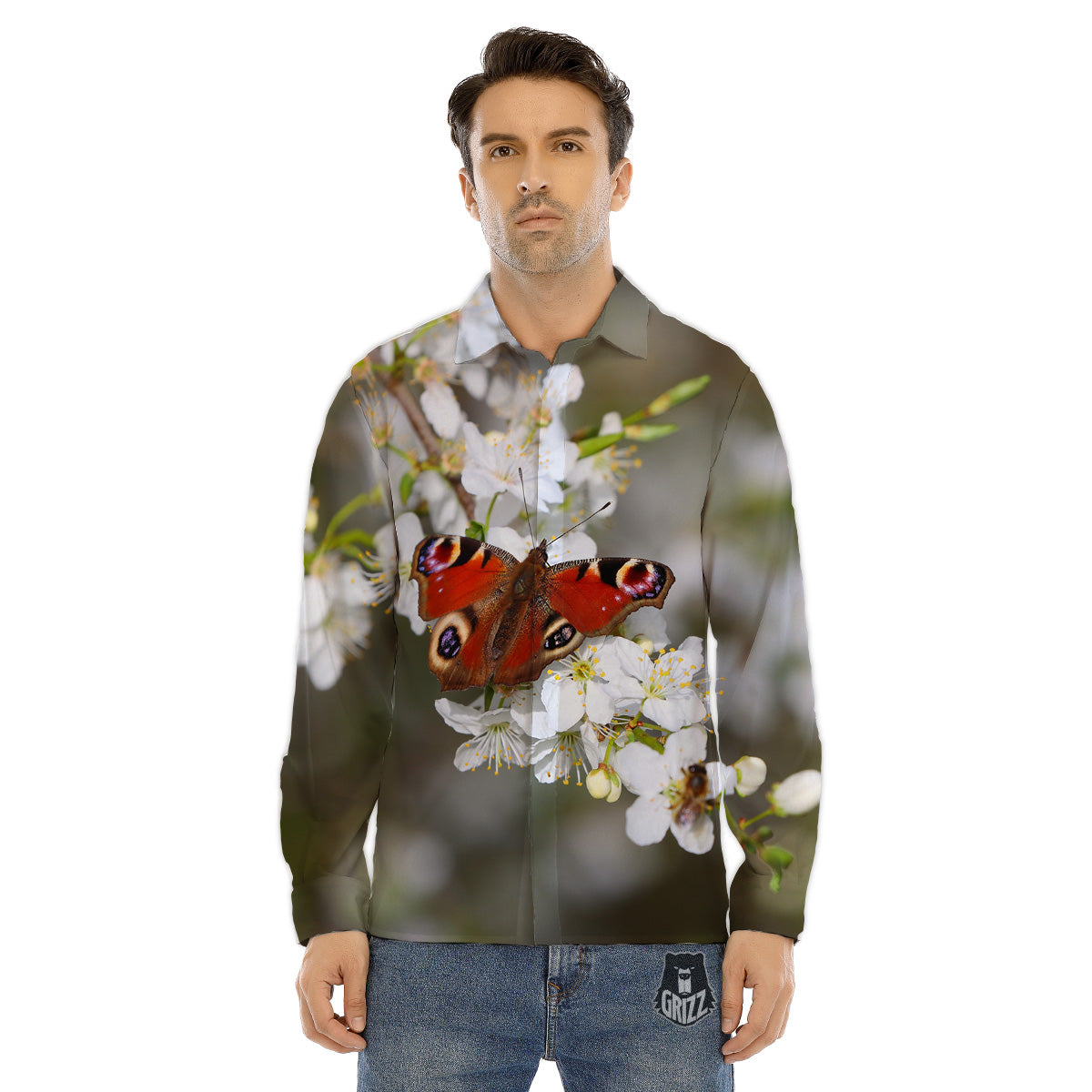 Butterfly Blossom Flower Print Men's Dress Shirts-grizzshop
