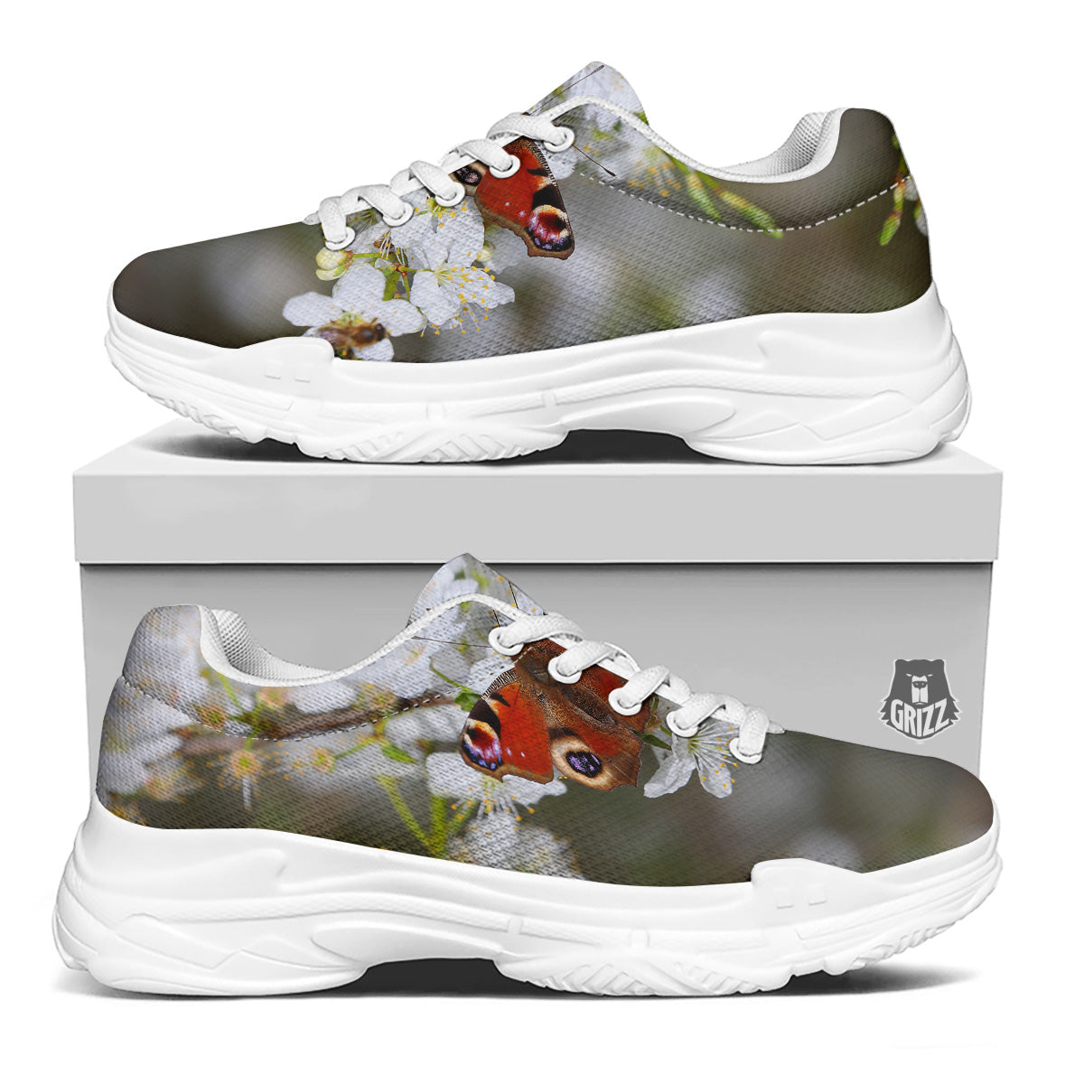 Butterfly Blossom Flower Print White Chunky Shoes-grizzshop