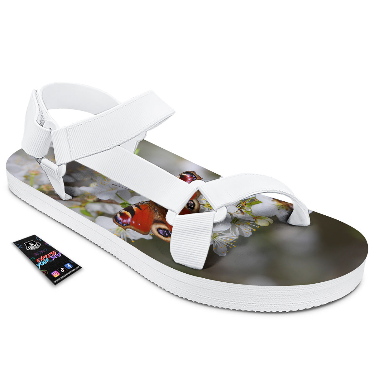 Butterfly Blossom Flower Print White Open Toe Sandals-grizzshop