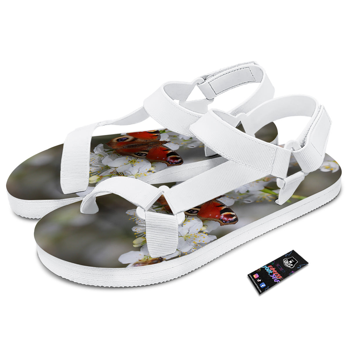 Butterfly Blossom Flower Print White Open Toe Sandals-grizzshop