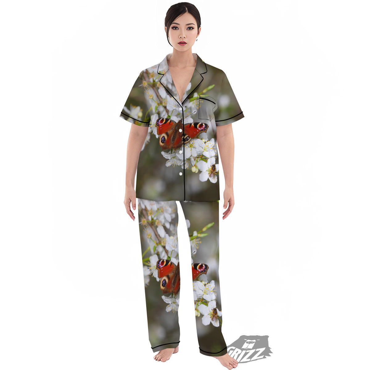 Butterfly Blossom Flower Print Women's Pajamas Set-grizzshop