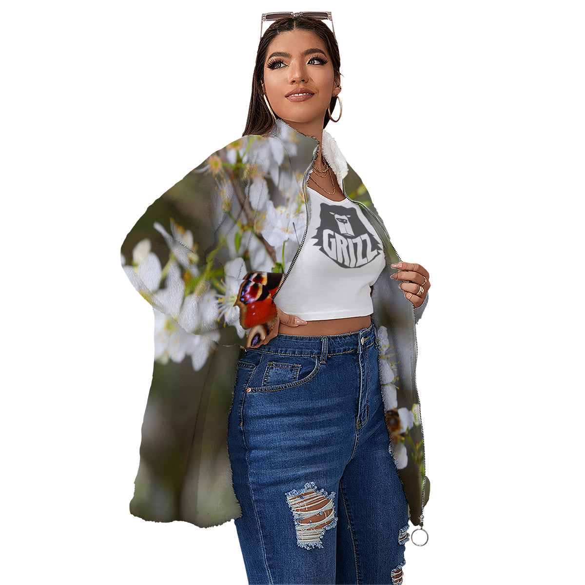 Butterfly Blossom Flower Print Women's Sherpa Jacket-grizzshop