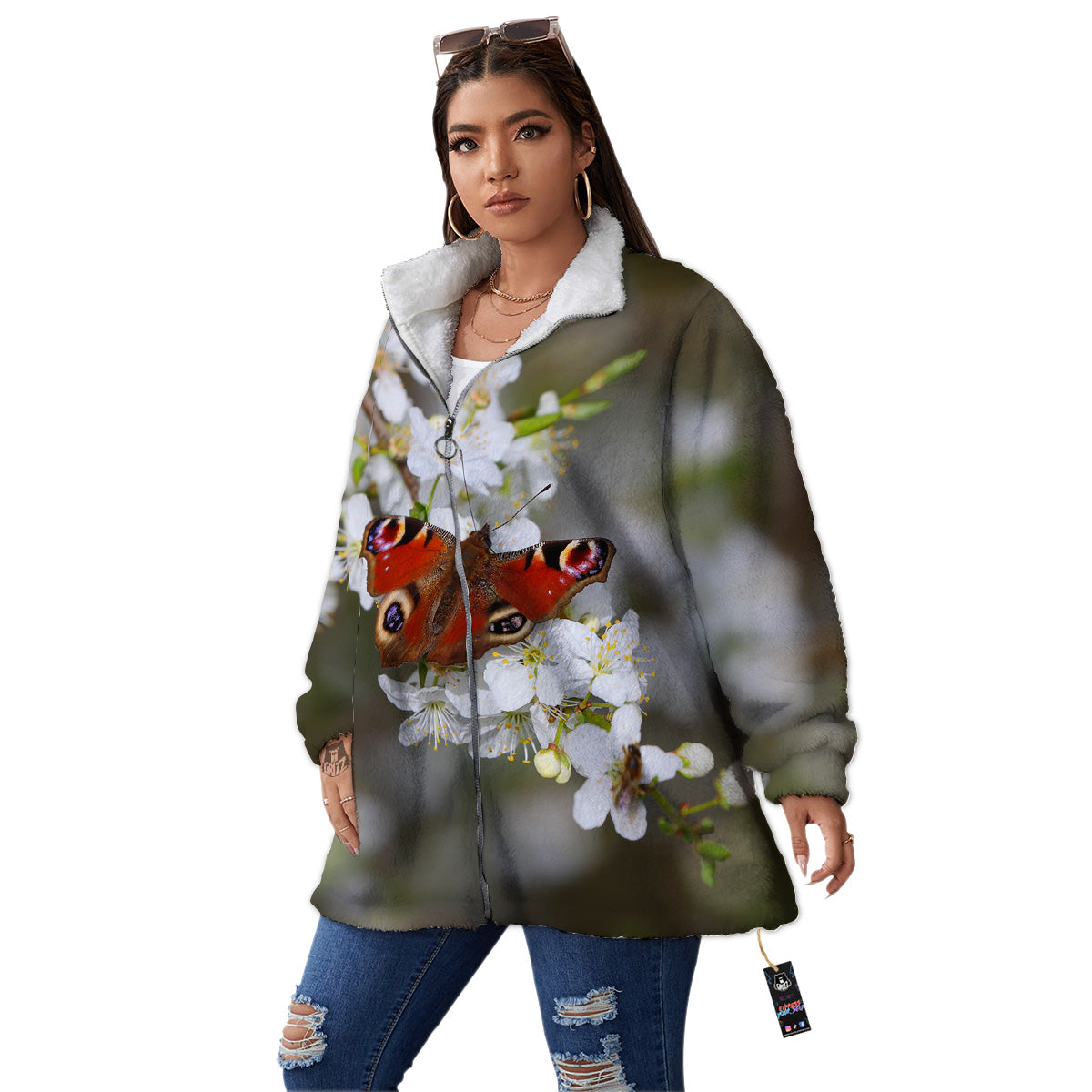 Butterfly Blossom Flower Print Women's Sherpa Jacket-grizzshop