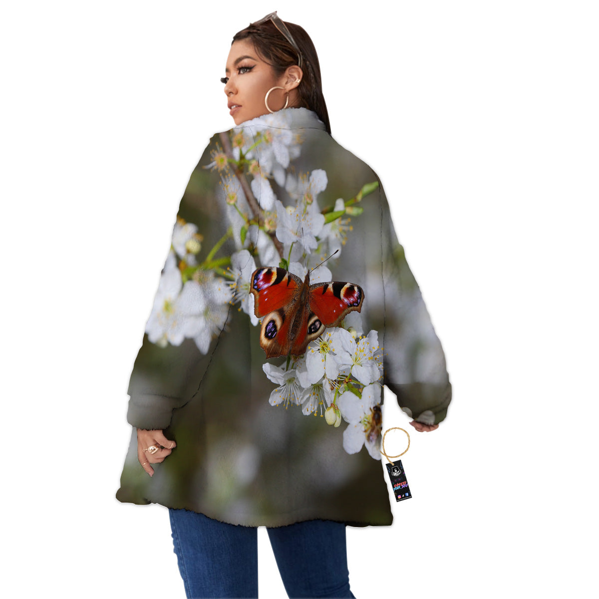 Butterfly Blossom Flower Print Women's Sherpa Jacket-grizzshop