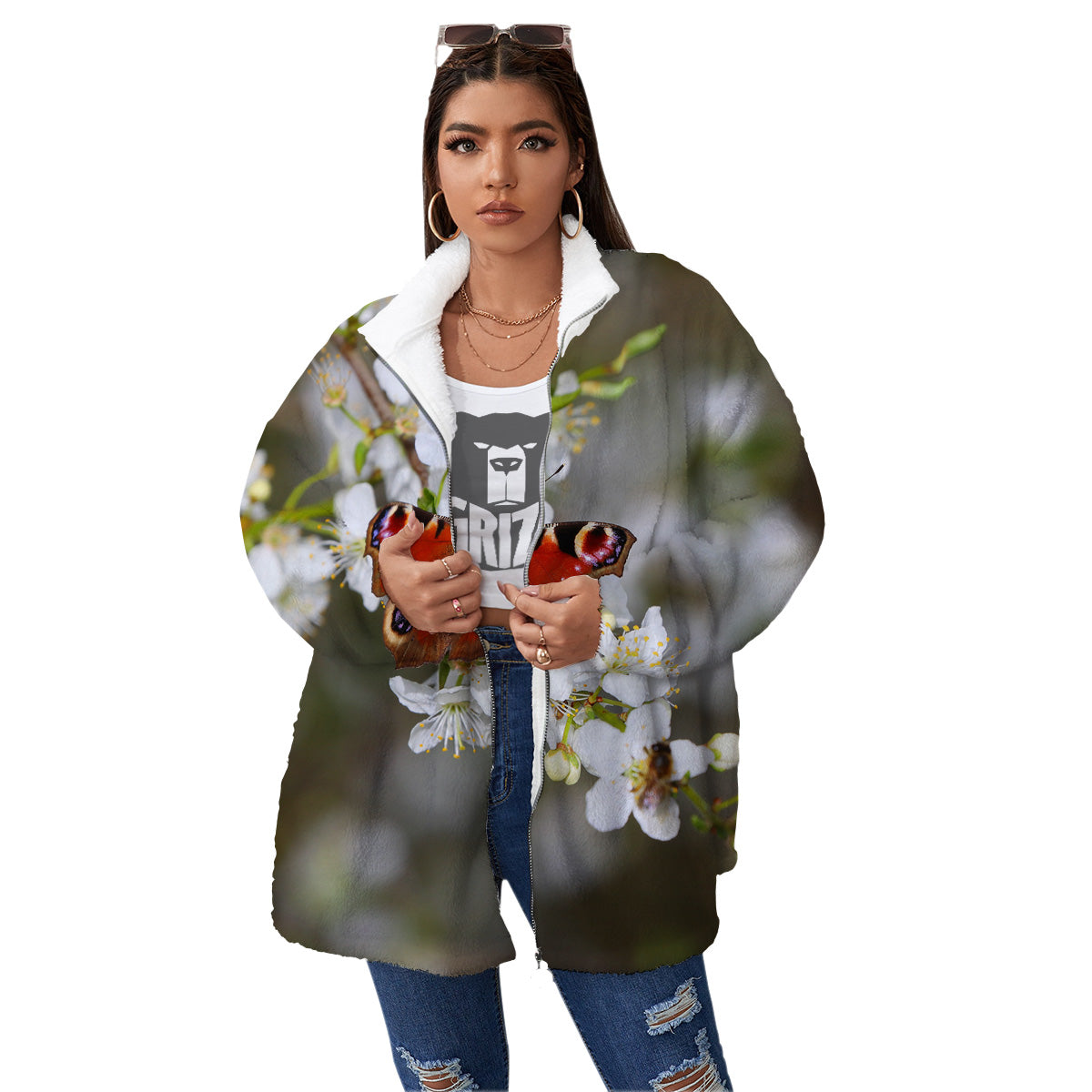 Butterfly Blossom Flower Print Women's Sherpa Jacket-grizzshop