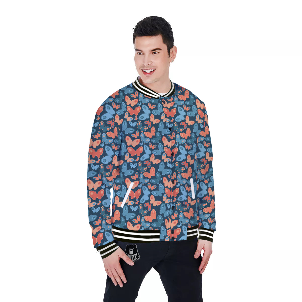 Butterfly Blue And Orange Print Baseball Jacket-grizzshop
