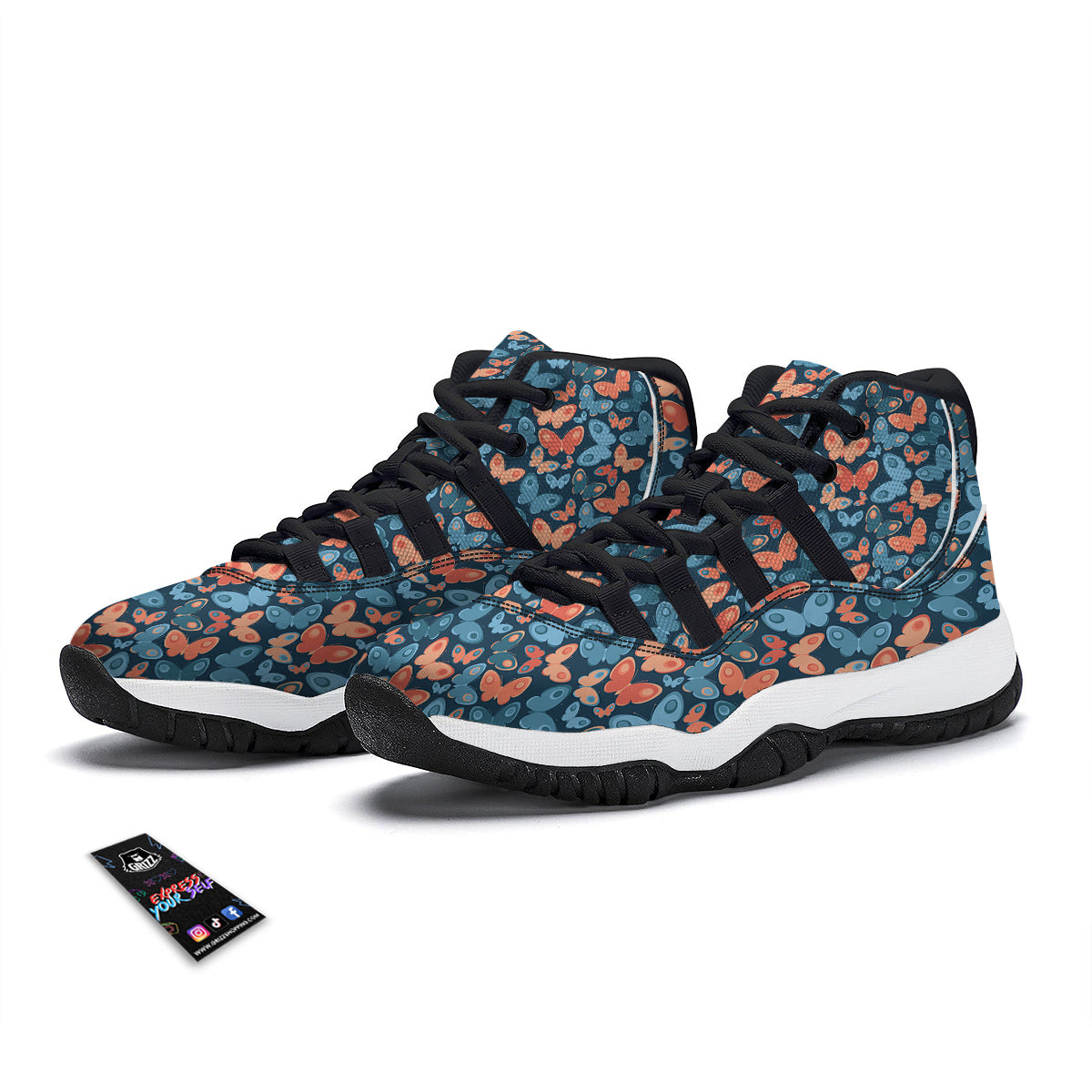 Butterfly Blue And Orange Print Black Bball Shoes-grizzshop