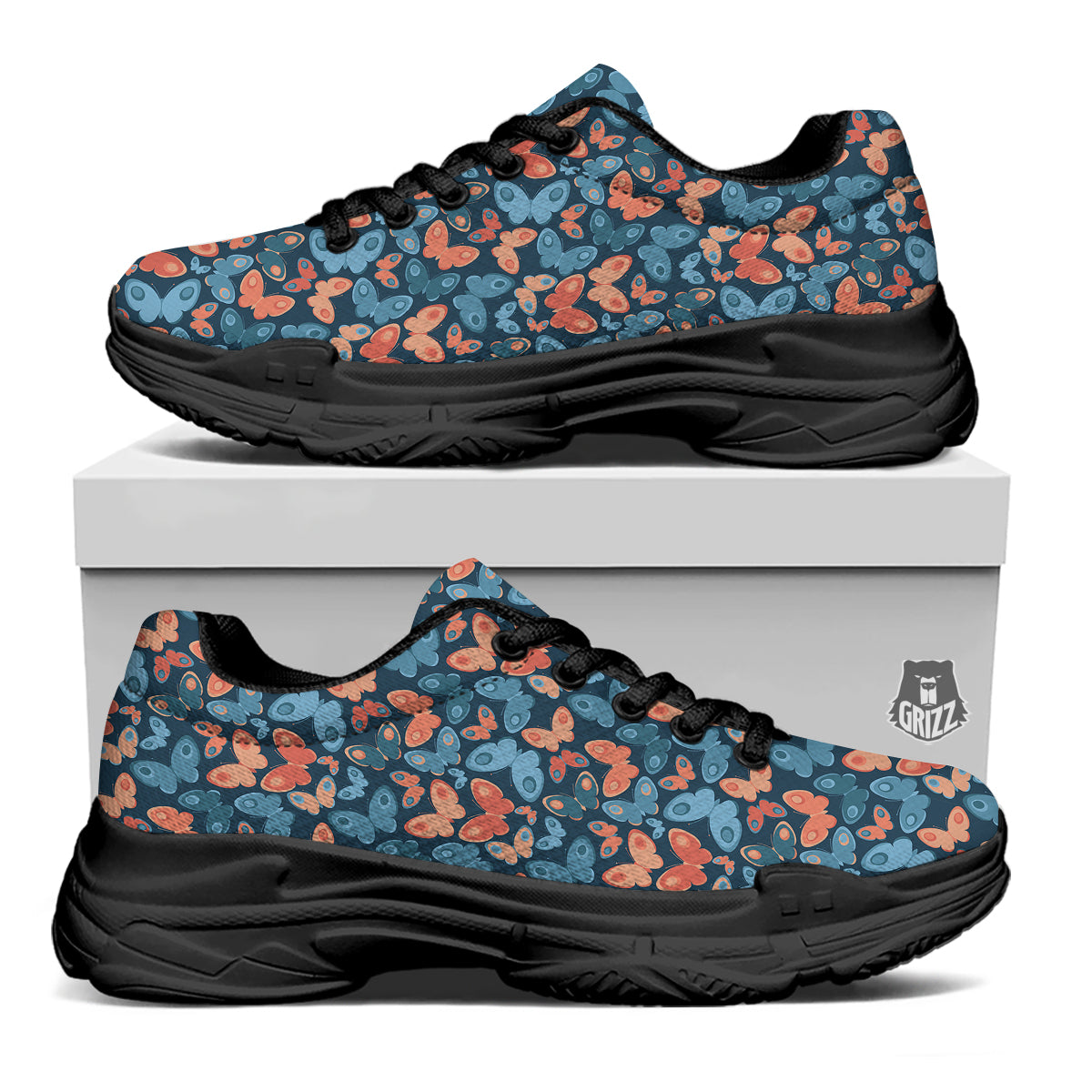 Butterfly Blue And Orange Print Black Chunky Shoes-grizzshop
