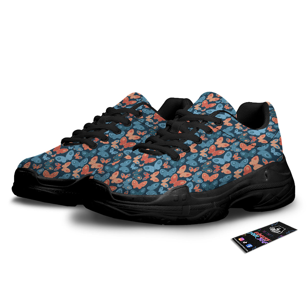 Butterfly Blue And Orange Print Black Chunky Shoes-grizzshop