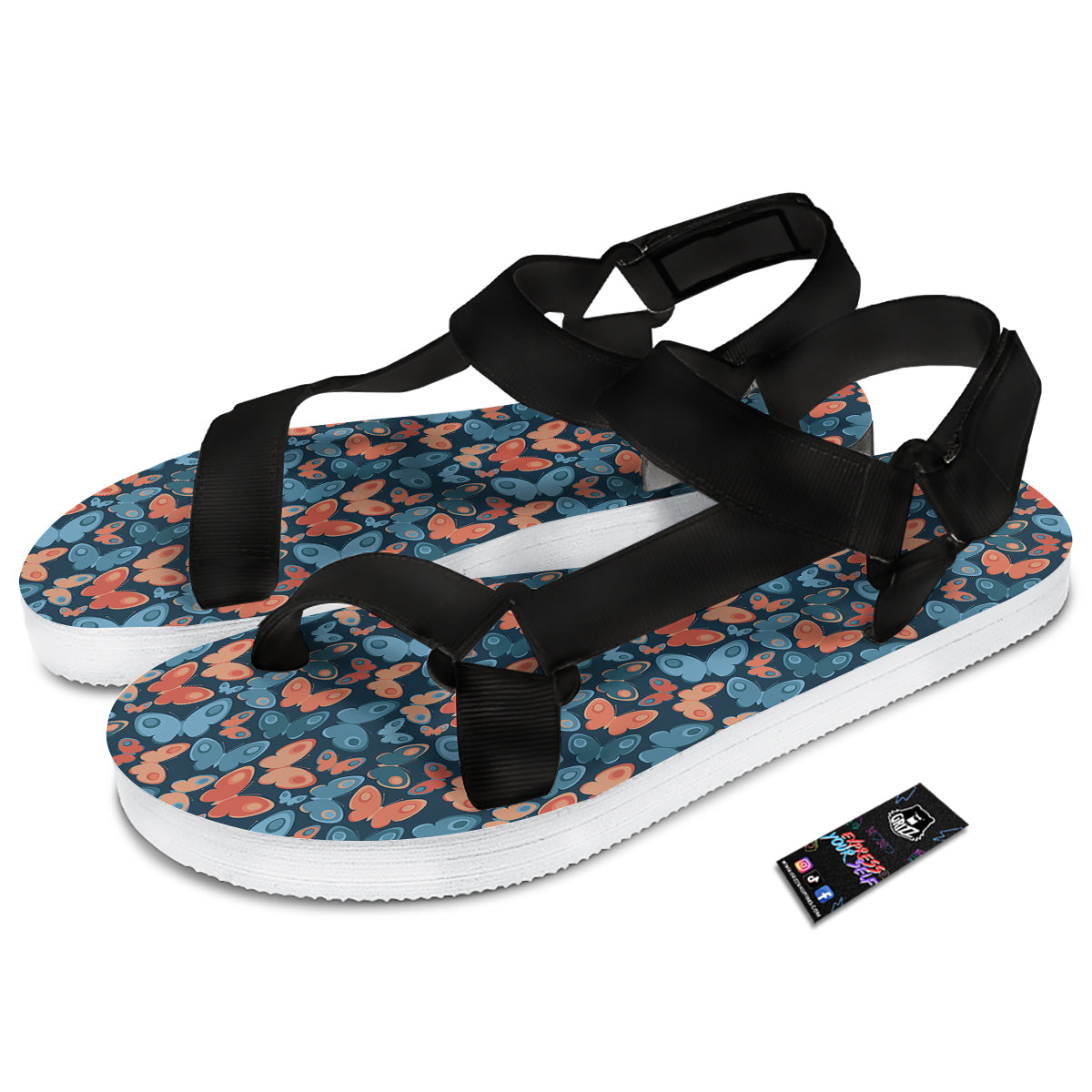 Butterfly Blue And Orange Print Black Open Toe Sandals-grizzshop