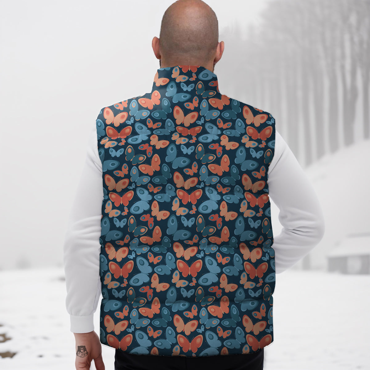 Butterfly Blue And Orange Print Down Vest