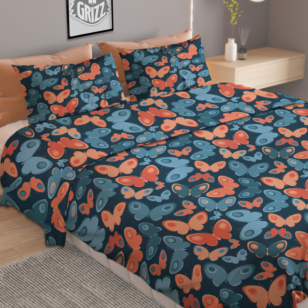 Butterfly Blue And Orange Print Duvet Cover Bedding Set