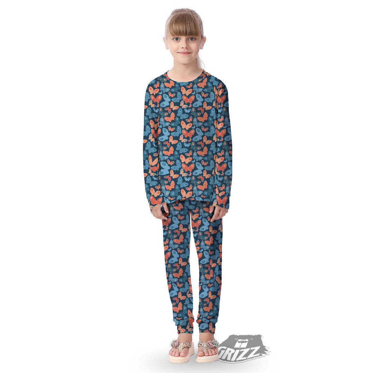 Butterfly Blue And Orange Print Kid's Pajamas-grizzshop