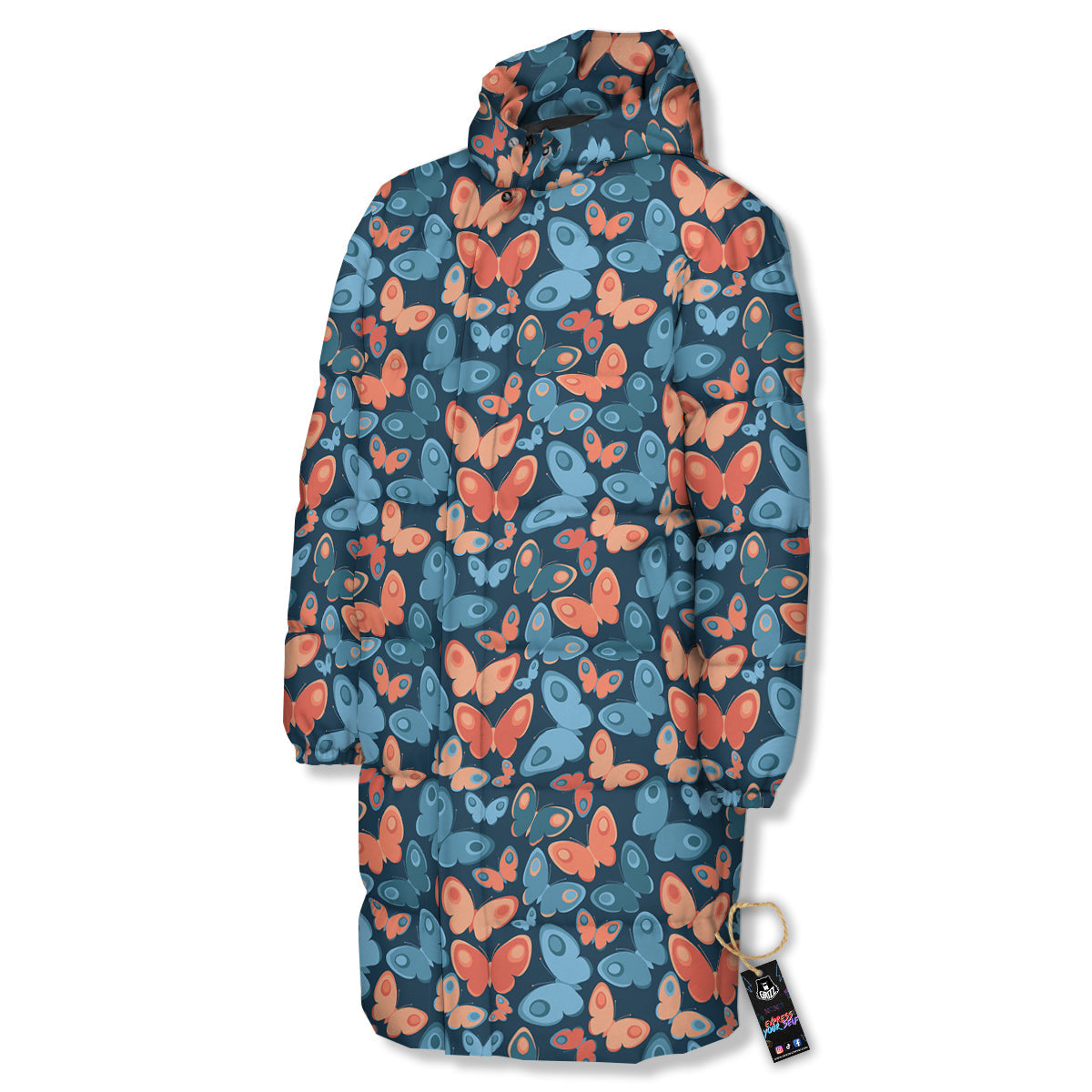 Butterfly Blue And Orange Print Long Down Jacket-grizzshop
