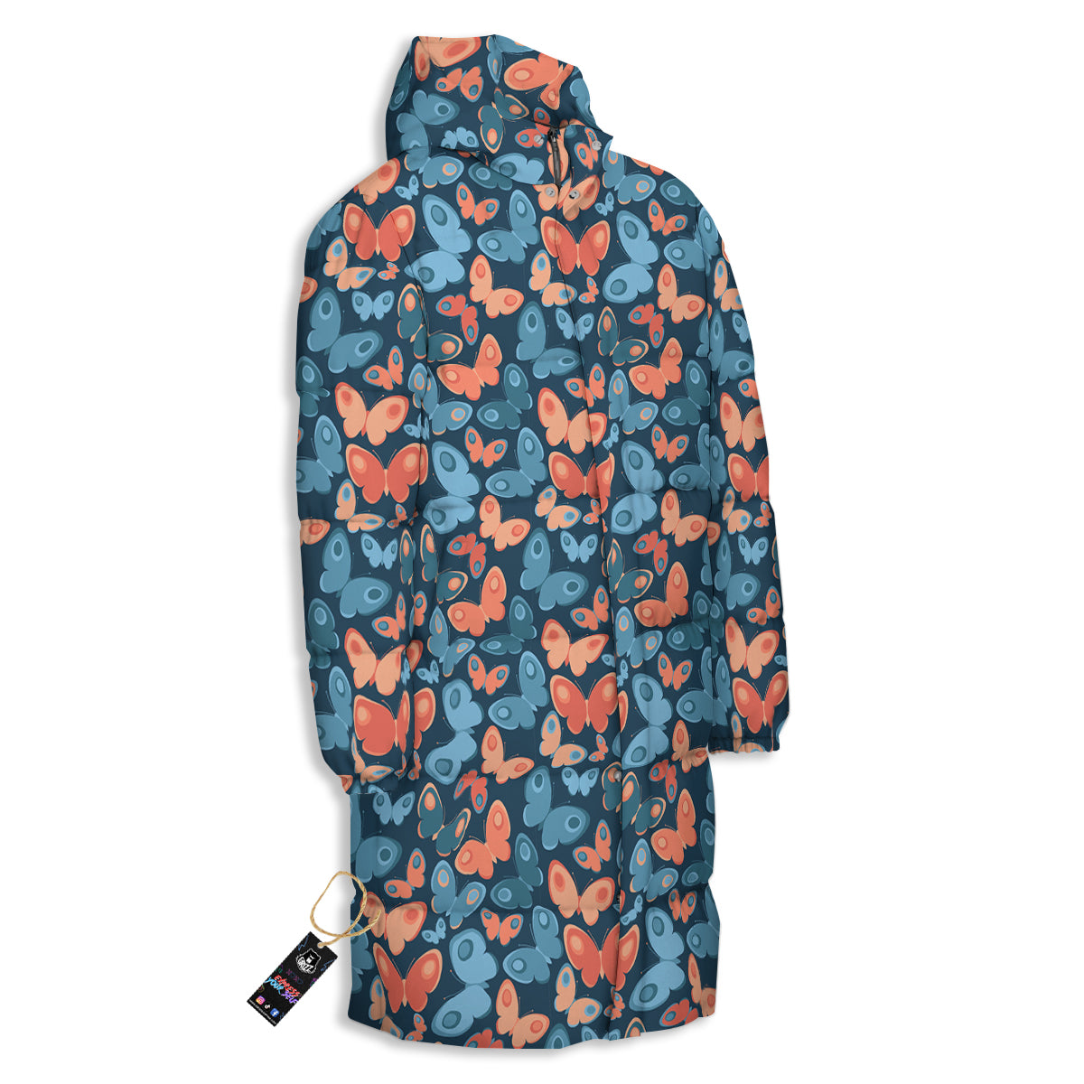Butterfly Blue And Orange Print Long Down Jacket-grizzshop