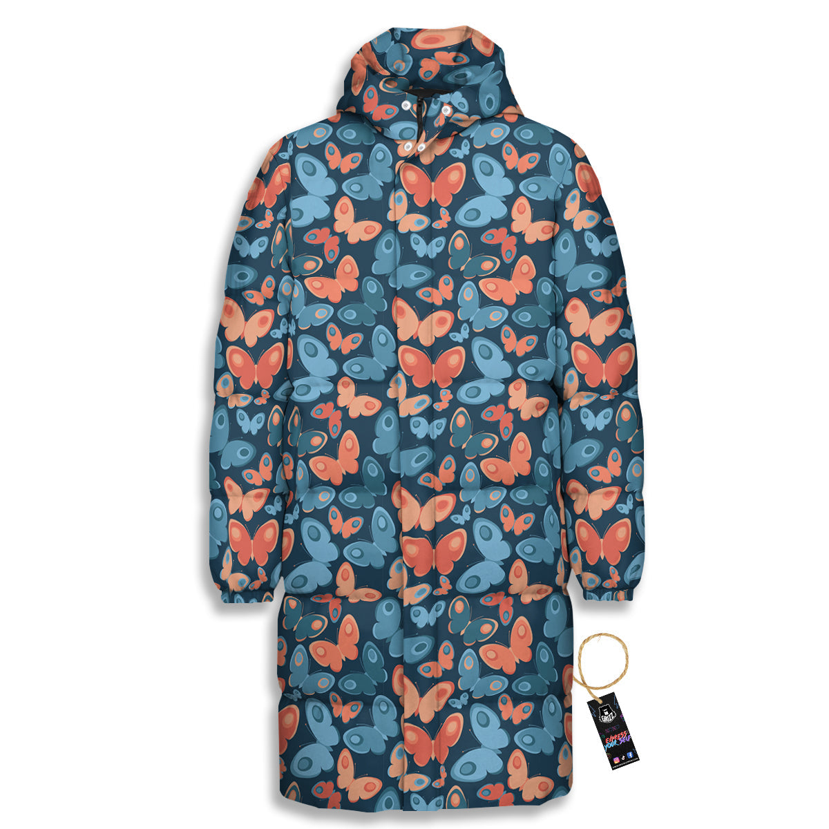Butterfly Blue And Orange Print Long Down Jacket-grizzshop