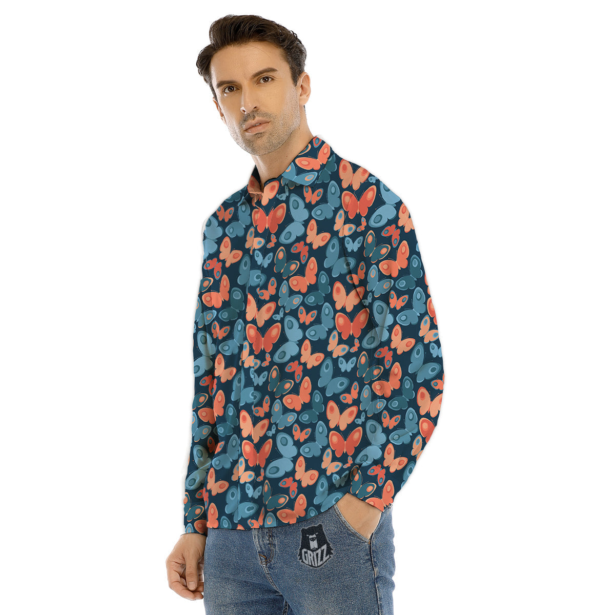 Butterfly Blue And Orange Print Men's Dress Shirts-grizzshop