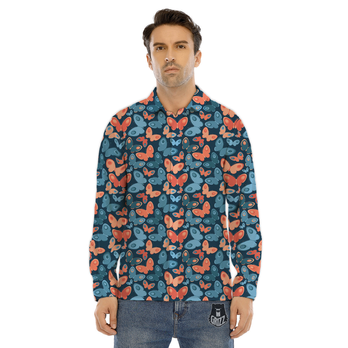 Butterfly Blue And Orange Print Men's Dress Shirts-grizzshop
