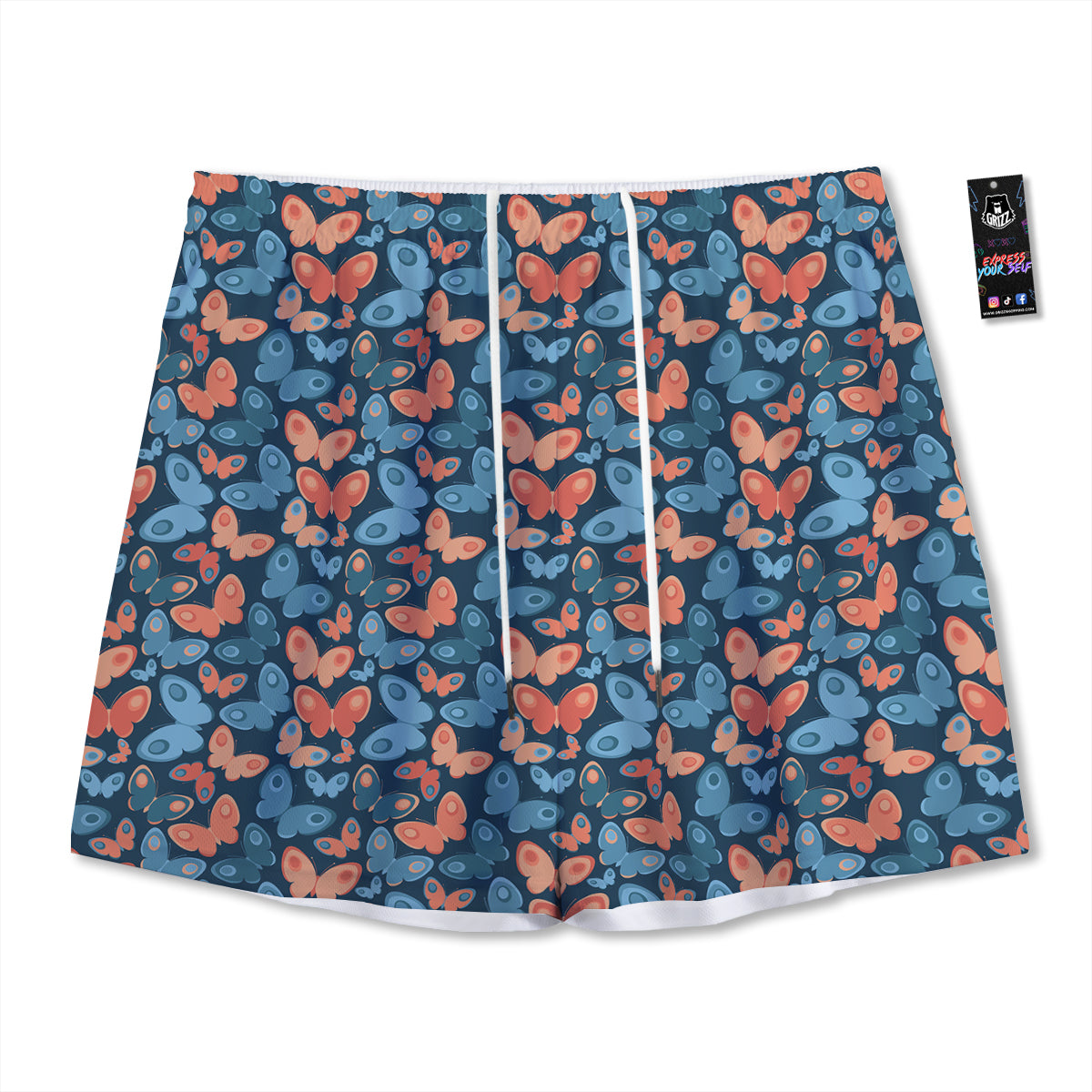 Butterfly Blue And Orange Print Mesh Shorts