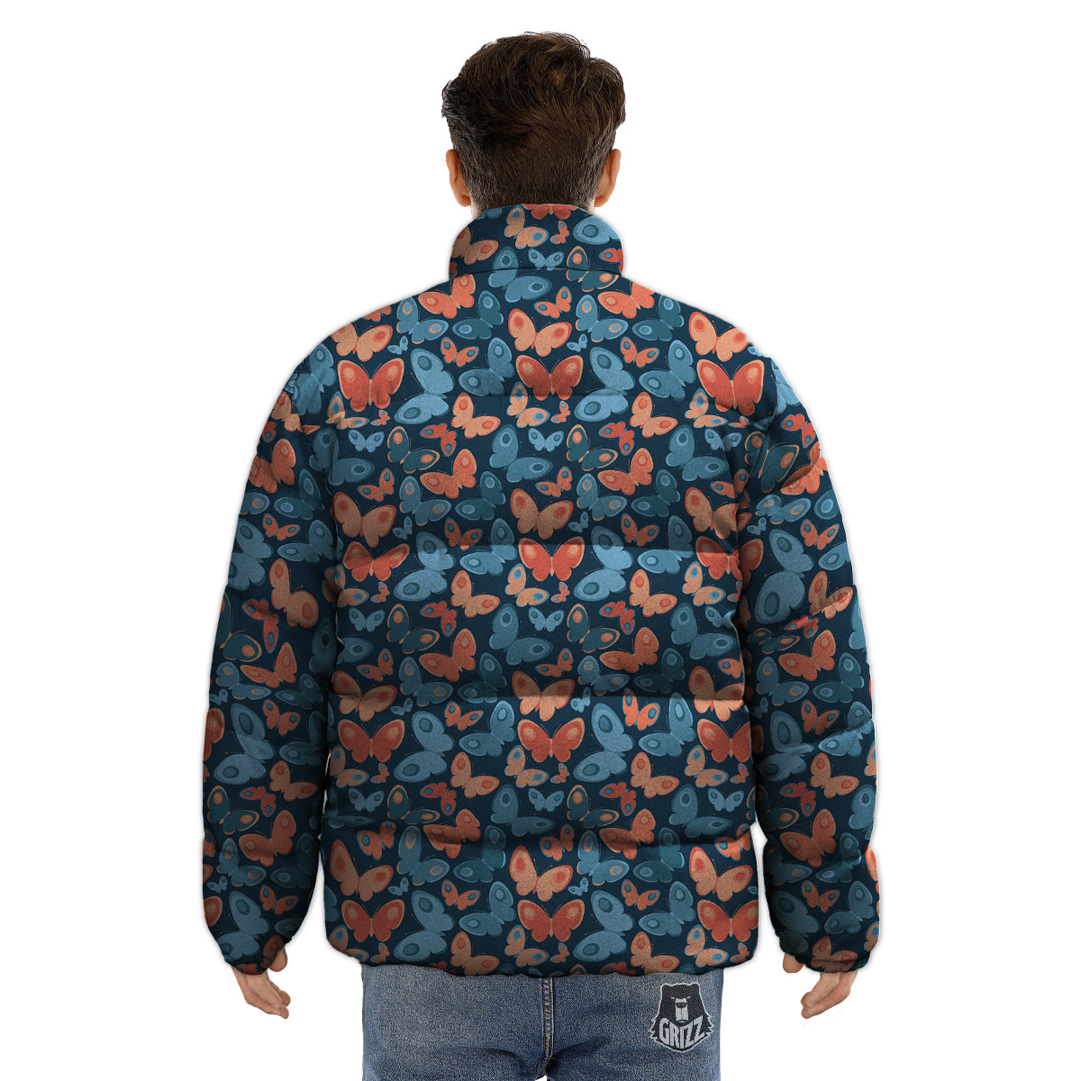Butterfly Blue And Orange Print Puffer Jacket-grizzshop