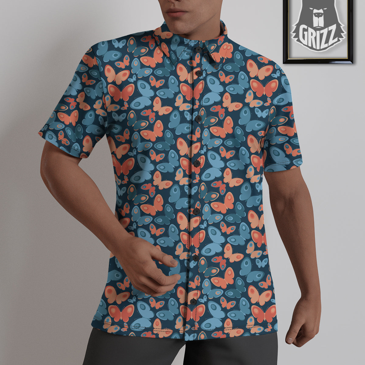 Butterfly Blue And Orange Print Untucked Shirts-grizzshop
