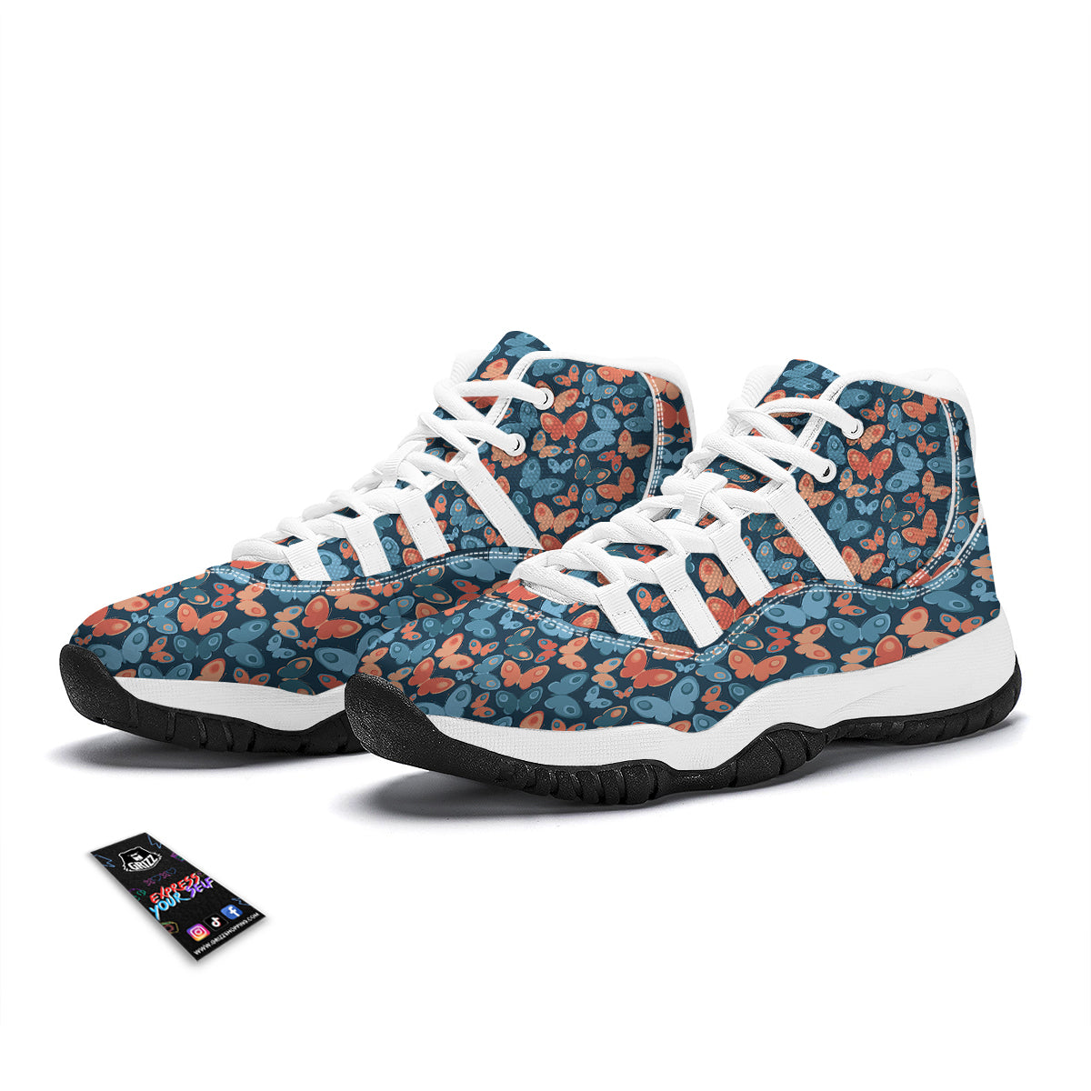 Butterfly Blue And Orange Print White Bball Shoes-grizzshop