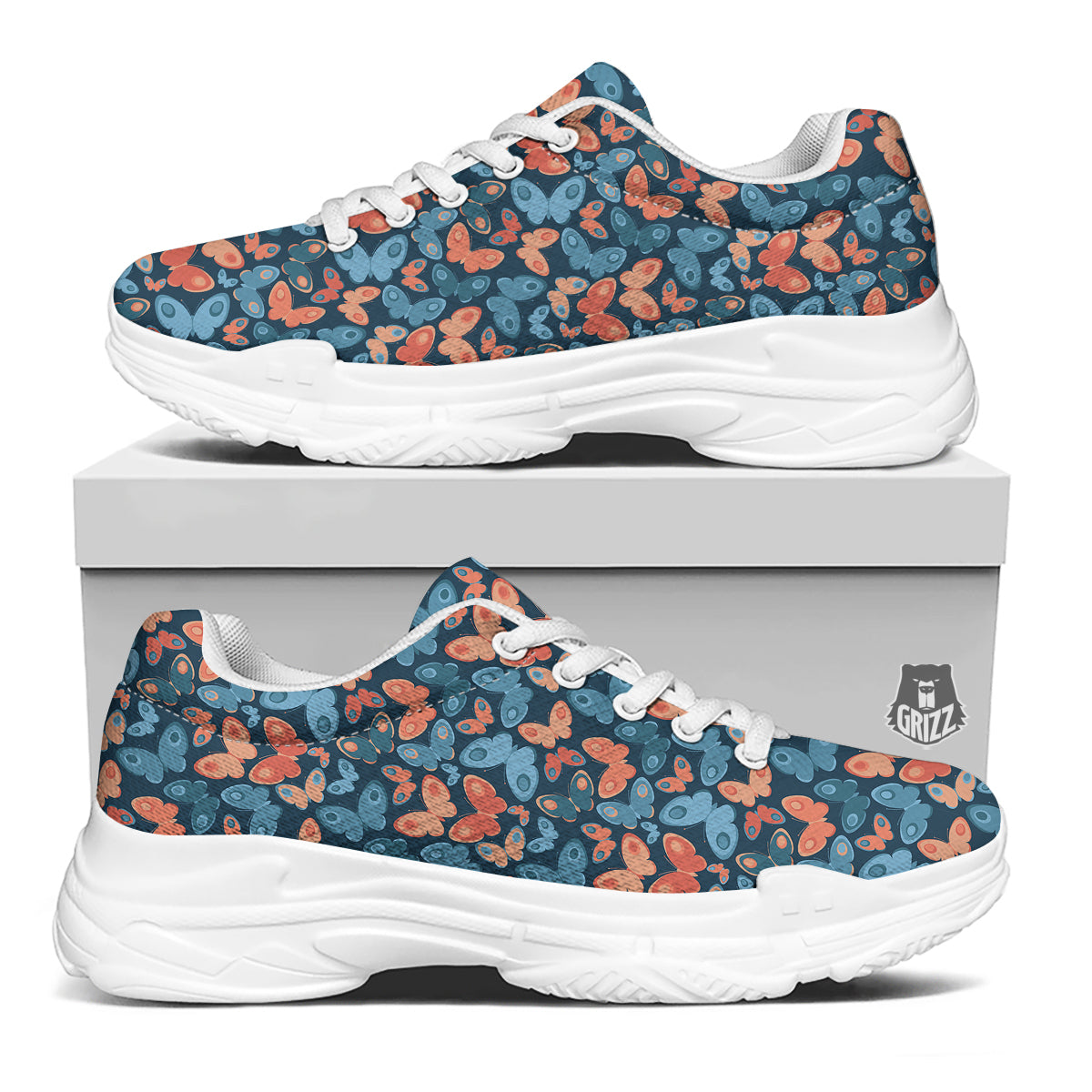 Butterfly Blue And Orange Print White Chunky Shoes-grizzshop