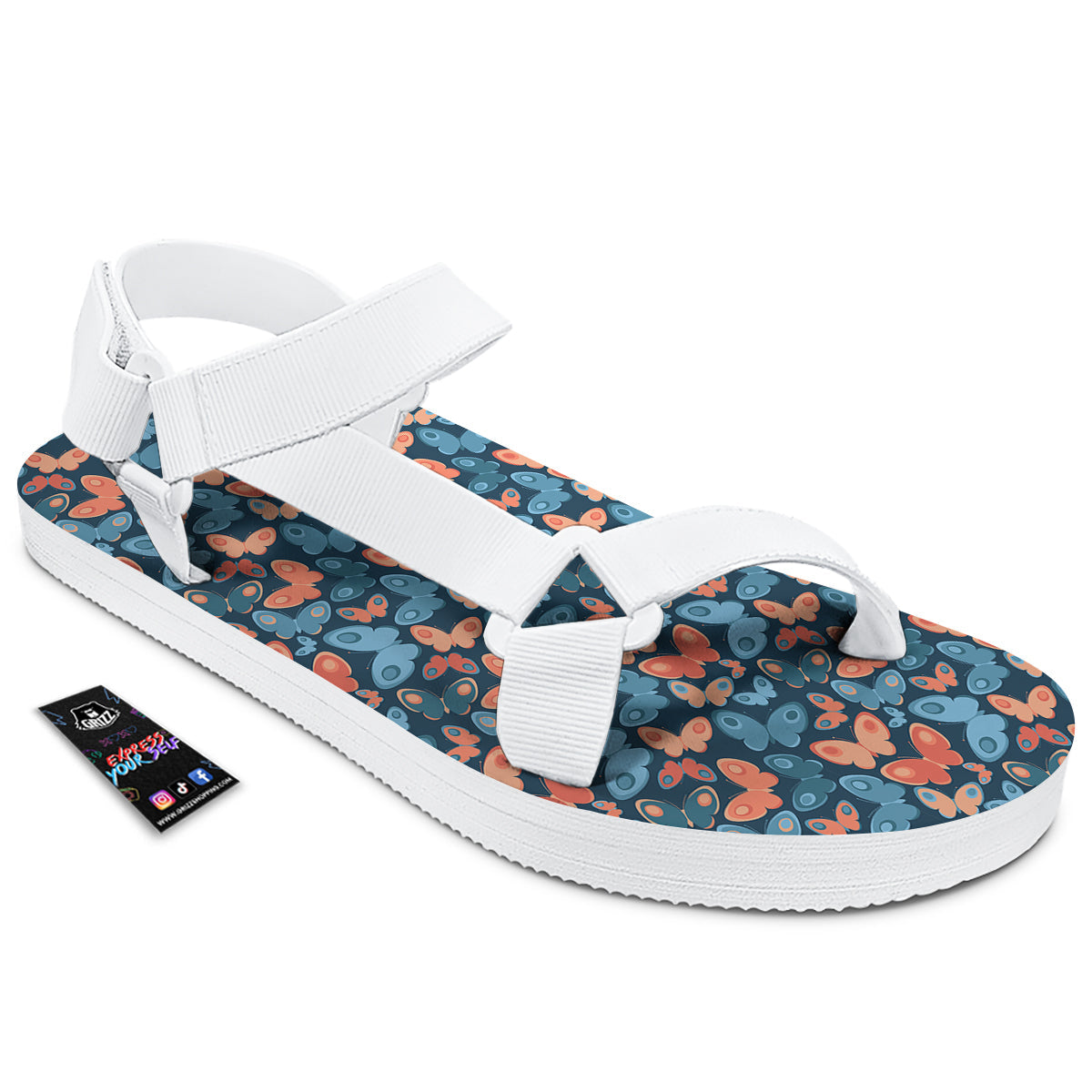 Butterfly Blue And Orange Print White Open Toe Sandals-grizzshop