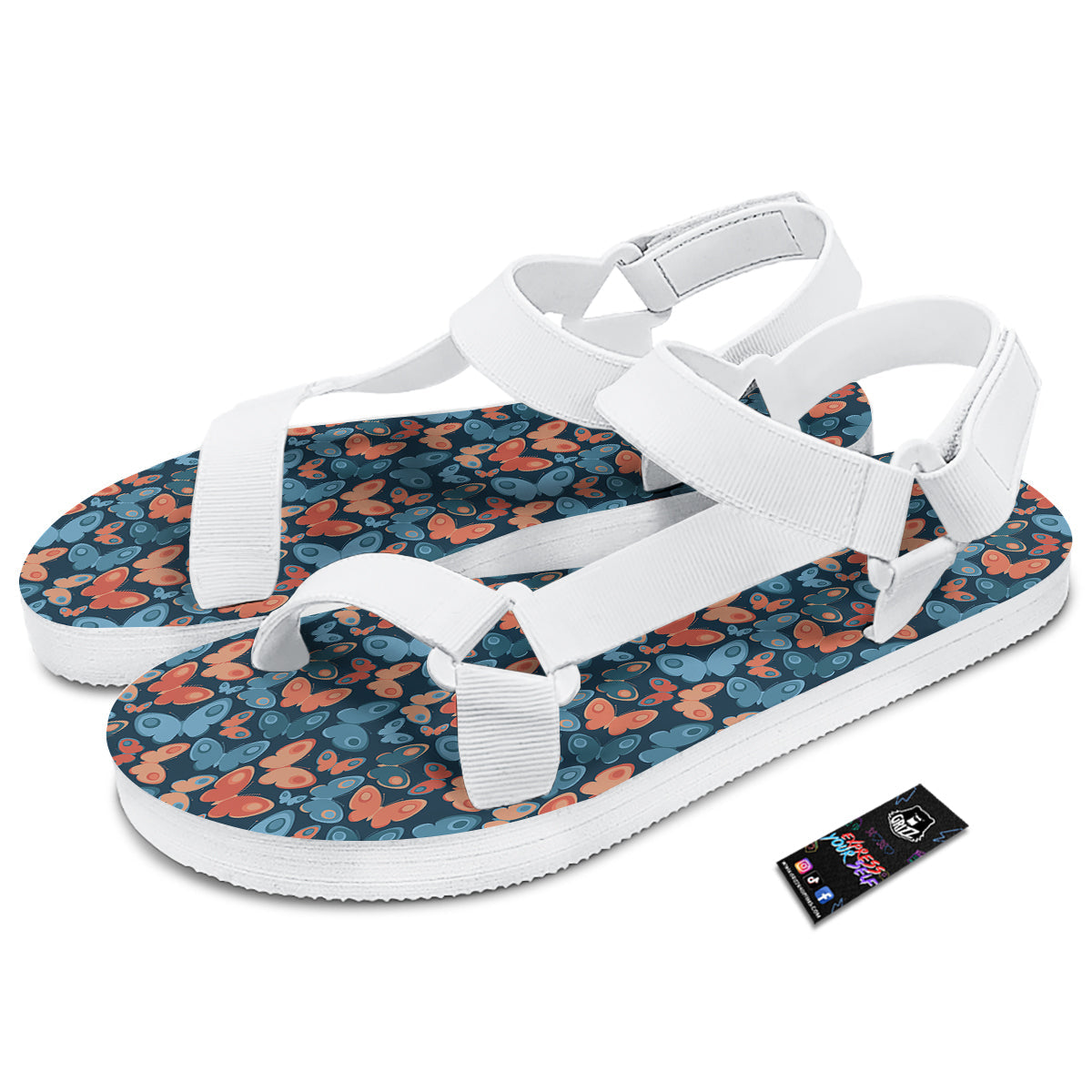 Butterfly Blue And Orange Print White Open Toe Sandals-grizzshop