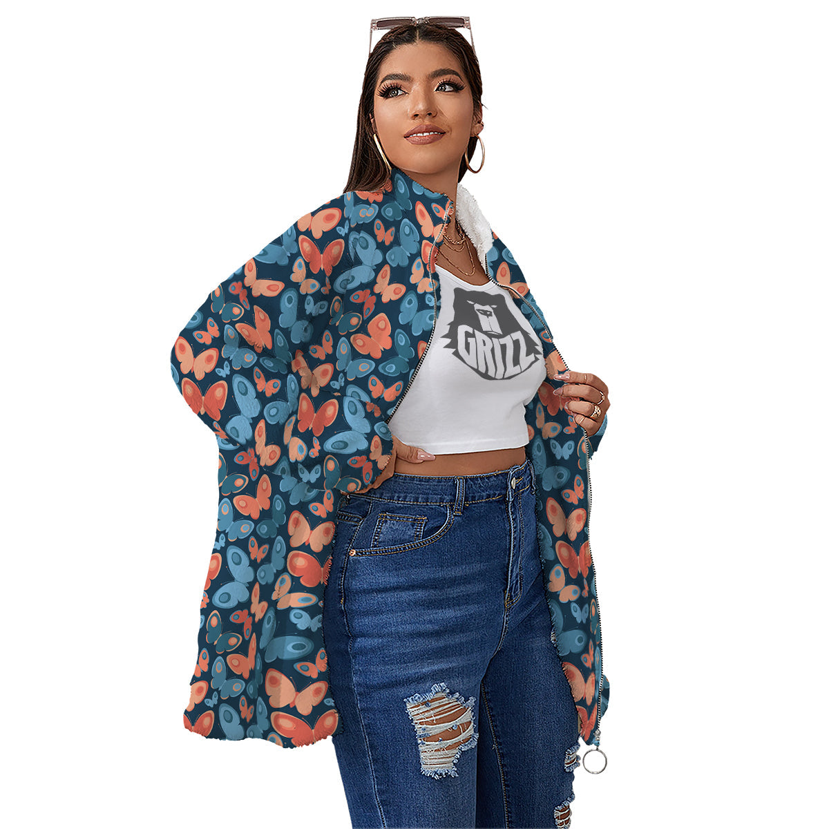 Butterfly Blue And Orange Print Women's Sherpa Jacket-grizzshop