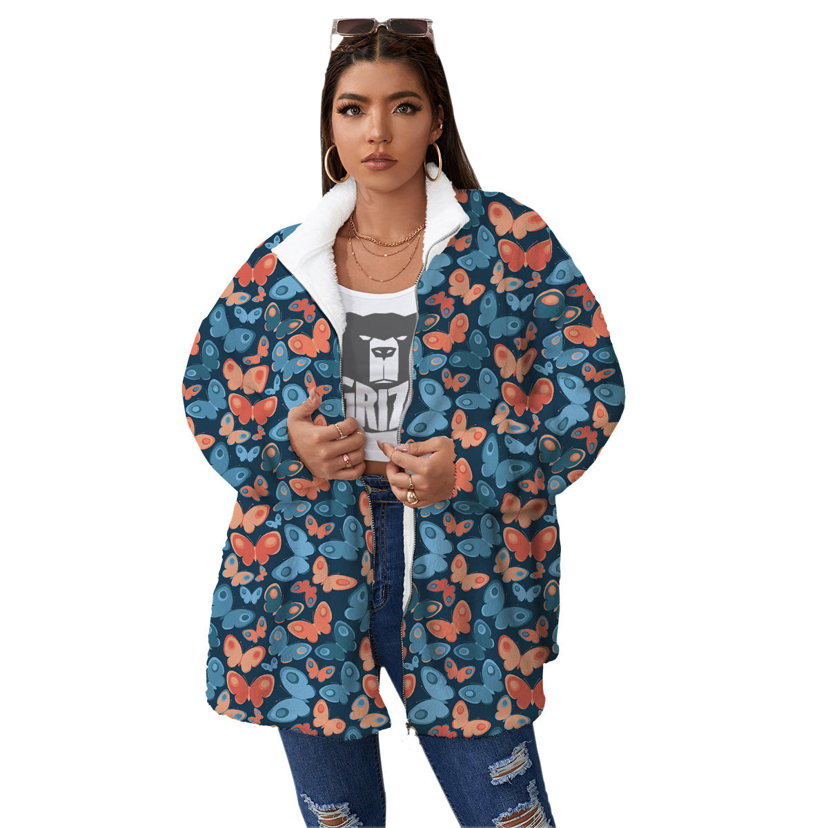 Butterfly Blue And Orange Print Women's Sherpa Jacket-grizzshop