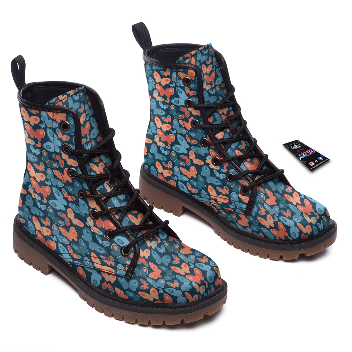 Butterfly Blue And Orange Print Work Boots-grizzshop
