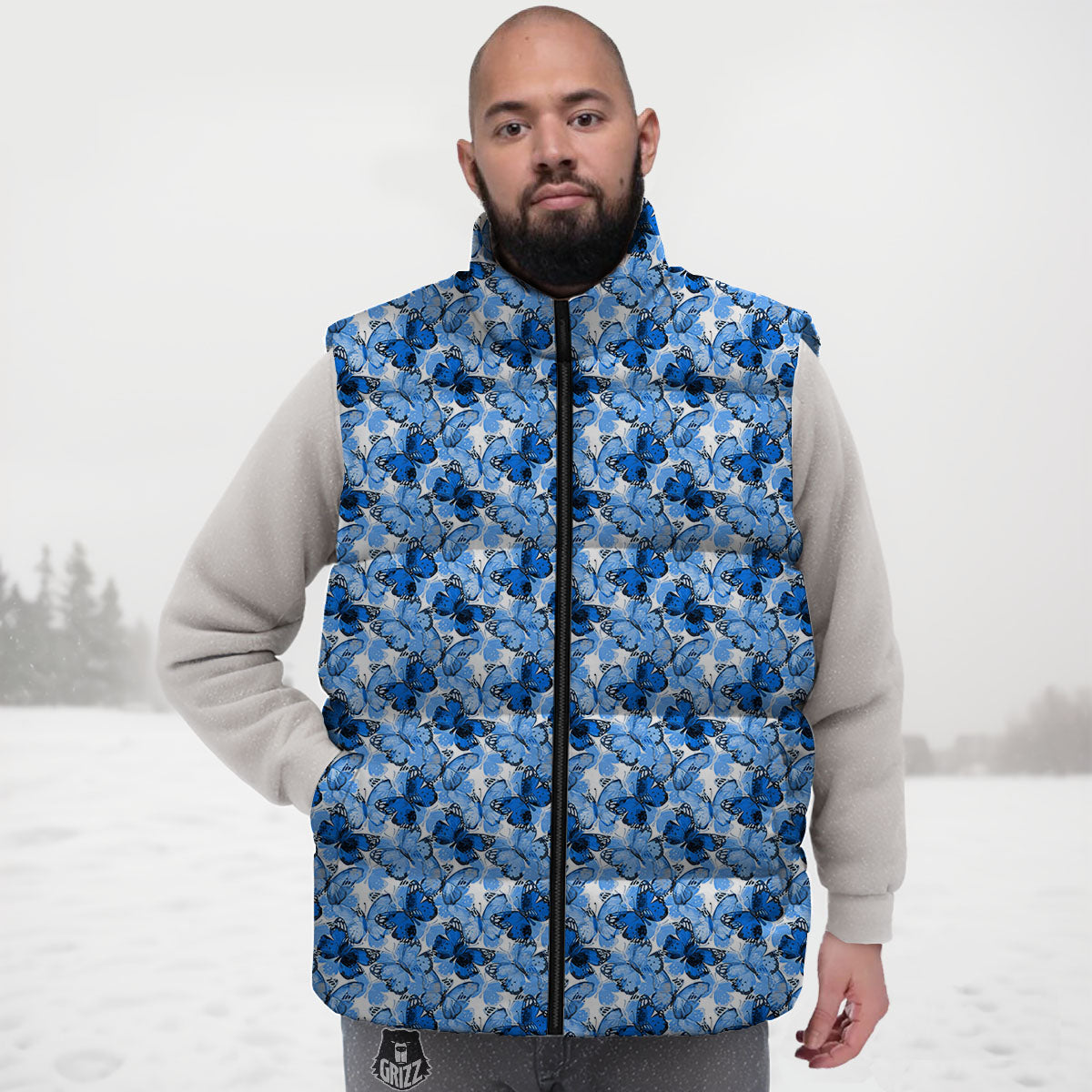 Butterfly Blue Spring Print Pattern Down Vest