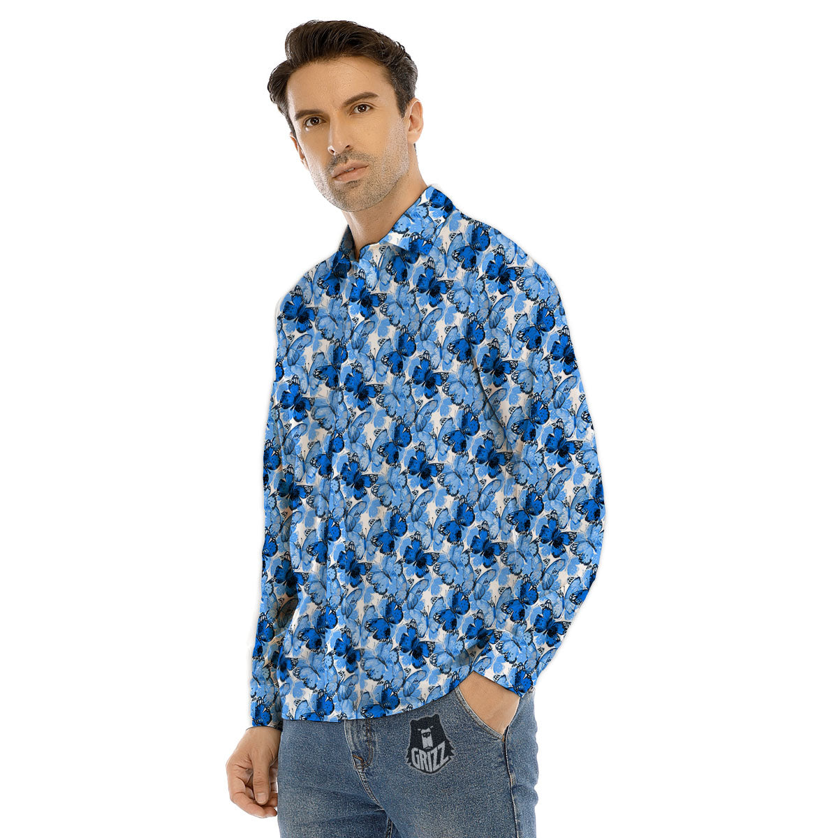 Butterfly Blue Spring Print Pattern Men's Dress Shirts-grizzshop