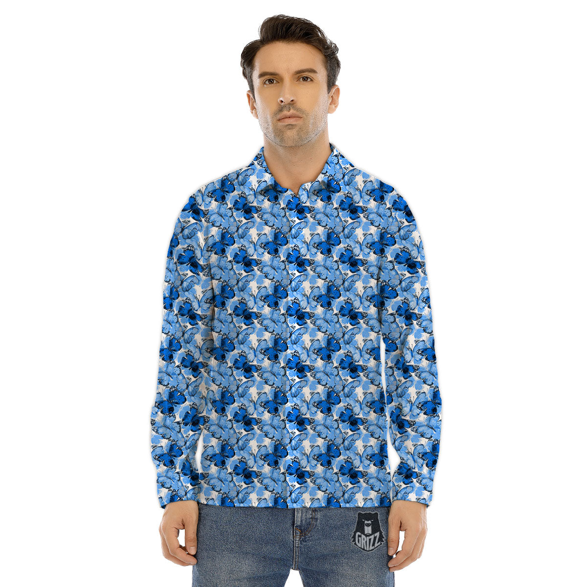 Butterfly Blue Spring Print Pattern Men's Dress Shirts-grizzshop