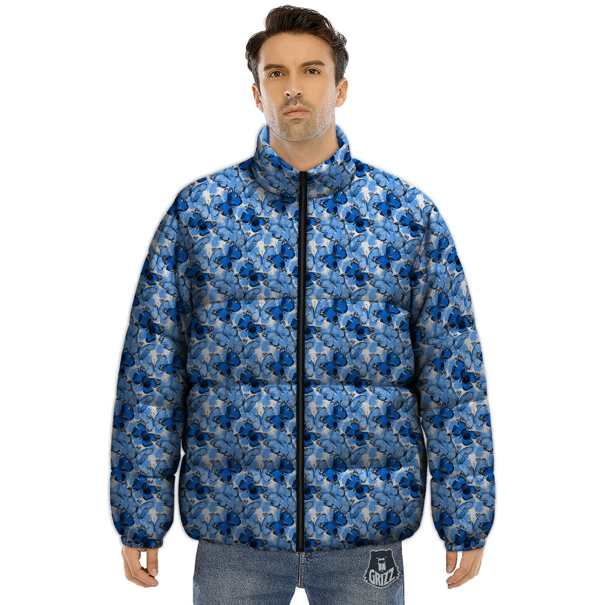 Butterfly Blue Spring Print Pattern Puffer Jacket-grizzshop