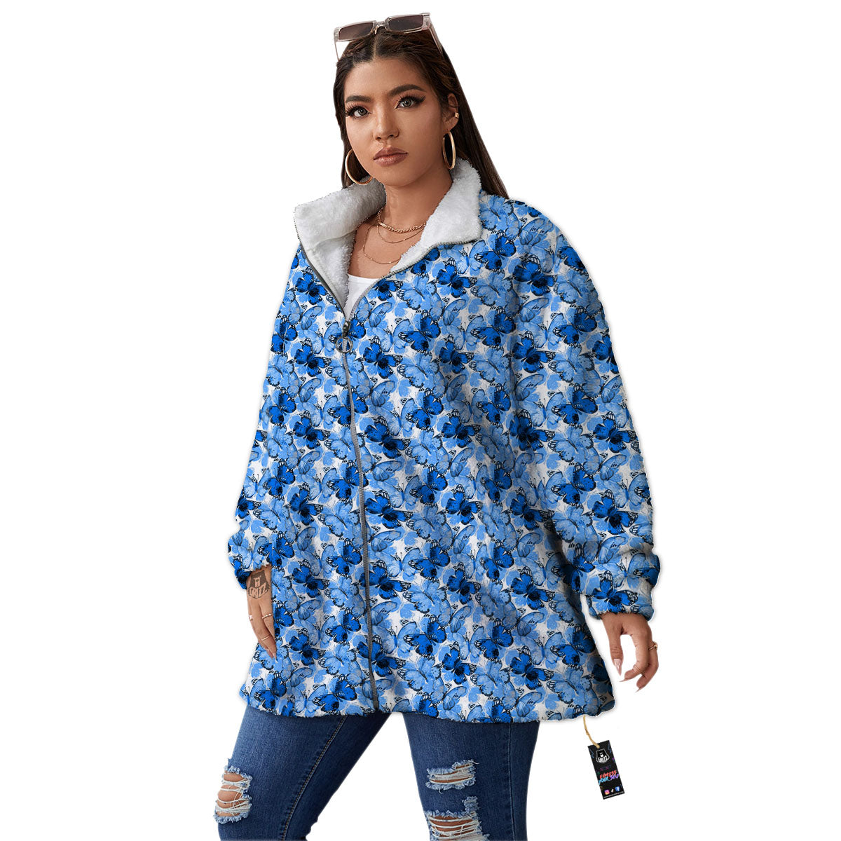 Butterfly Blue Spring Print Pattern Women's Sherpa Jacket-grizzshop