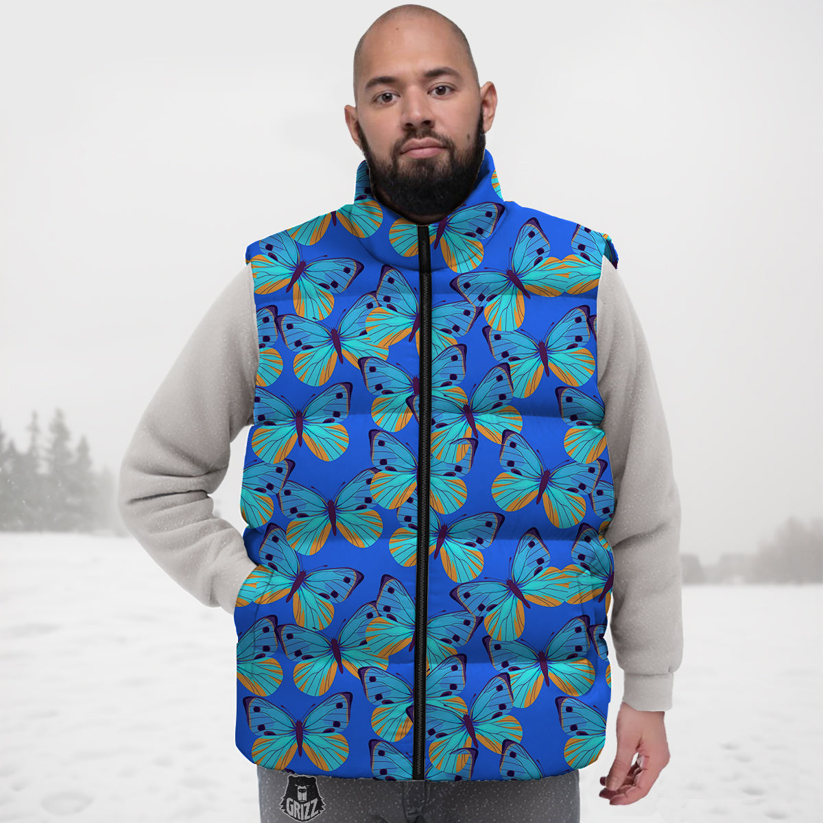 Butterfly Blue Watercolor Print Pattern Down Vest